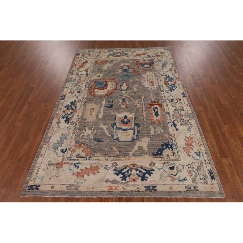 Vegetable Dye Grey Oushak Turkish Area Rug Handmade Floral Wool Carpet - 5'4"x 7'8"