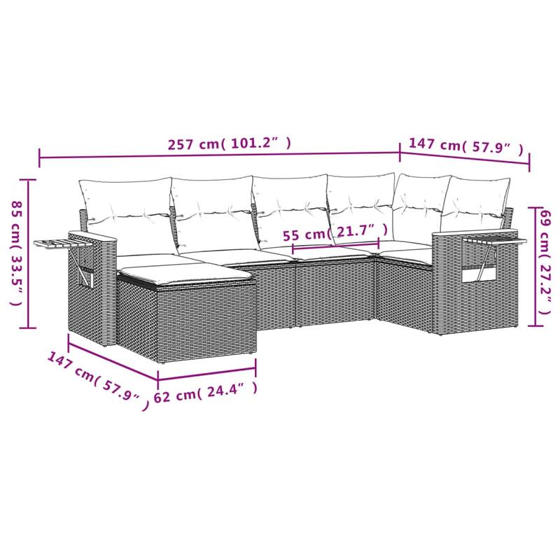 vidaXL 6 Piece Patio Sofa Set with Cushions Black Poly Rattan
