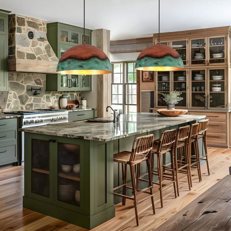 Weathered Copper Metal Oversized Dome Pendant Green Patina Accent - 15 Inches