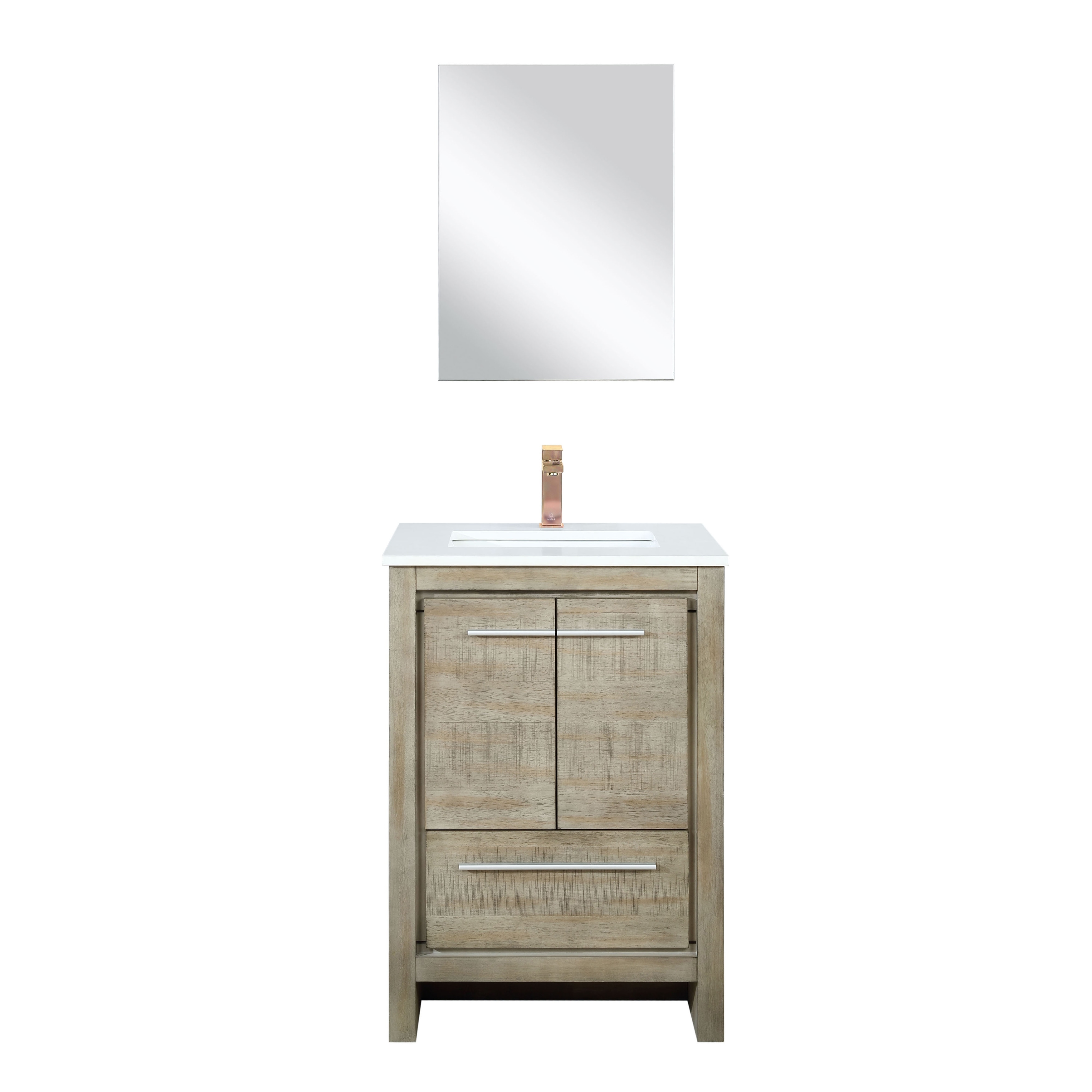 Lafarre Bath Vanity with Cultured Marble Top, Sink, Mirror and Rose Gold Faucet