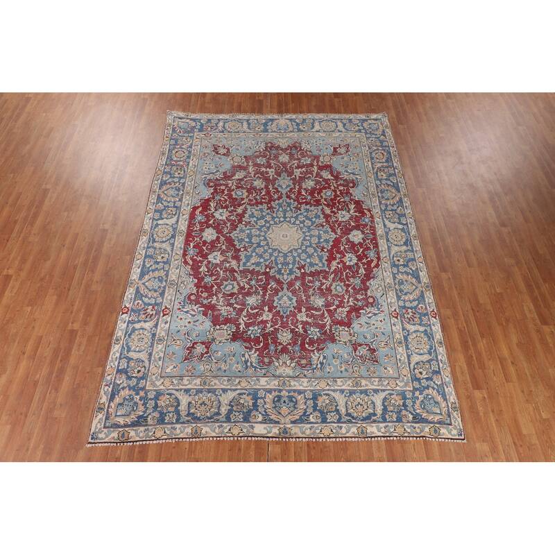 Distressed Mashad Persian Vintage Area Rug Hand-Knotted Wool Carpet - 8'5" x 11'5"
