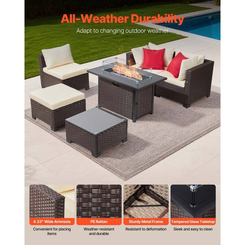 Beige-Mix Brown PE Rattan 6-Piece Patio Furniture Set with 44-Inch Fire Pit Table and Cushioned Steel Frame Sofas