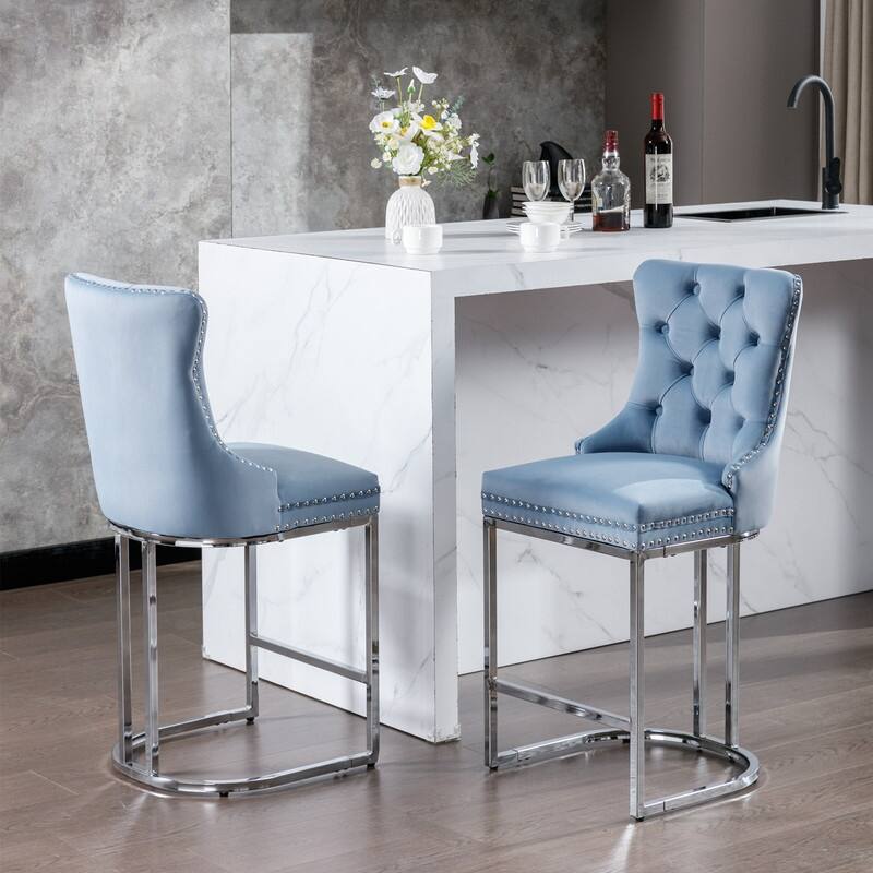 Modern Upholstered Bar Stools with Tufted Backs and Footrest（Set of 2）Blue - Set of 2