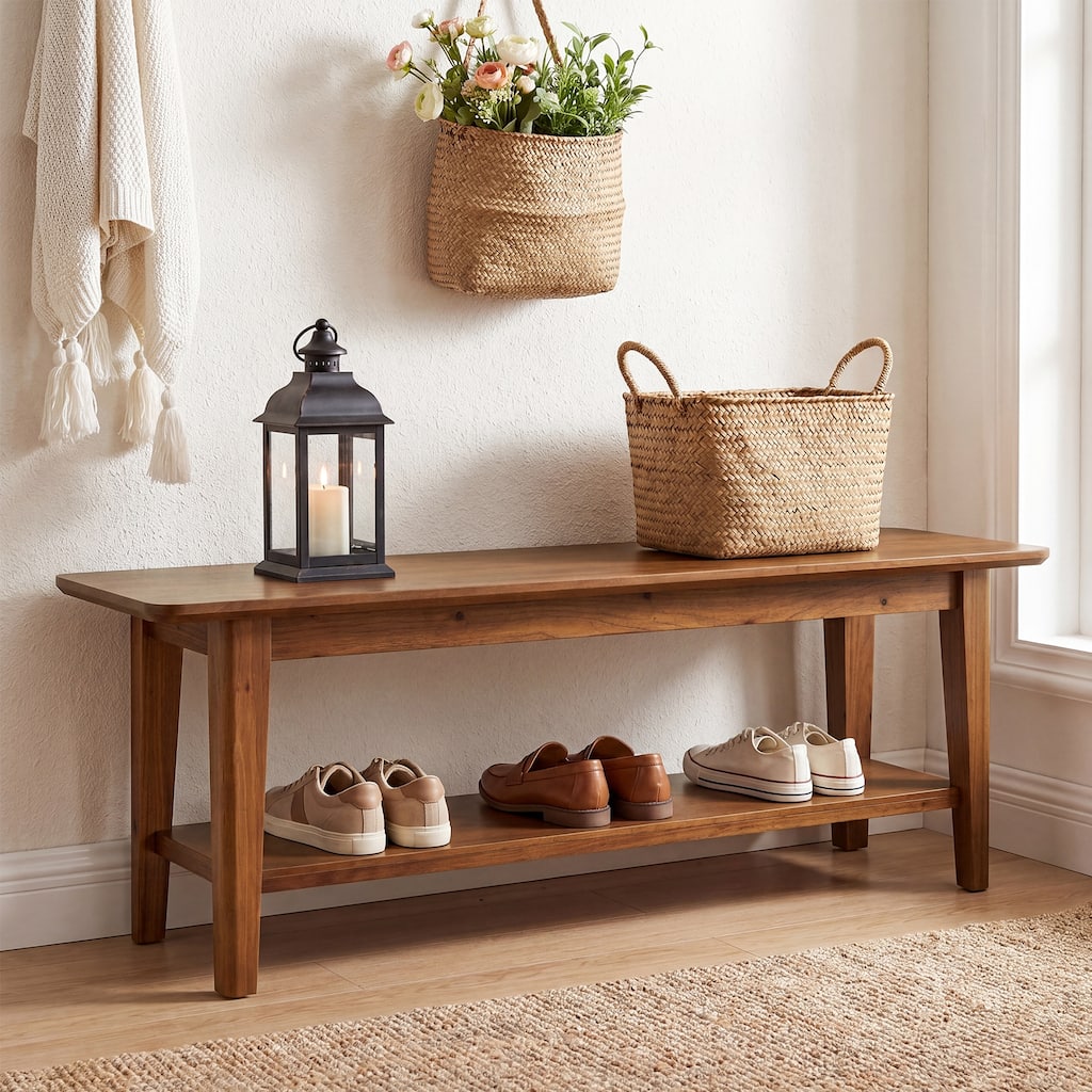 55-inch Solid Wood Entryway Shoe Bench with Shelf