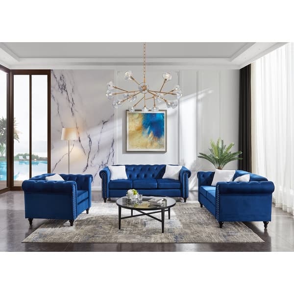Living Room Blue Sofa Set of 3 Button Tufted Lounge Loveseat Sofa Streamlined Copper Nail Arms ...