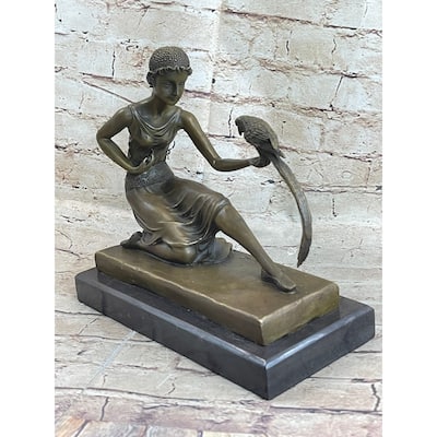 Signed Chiparus Girl With Parrot Bronze Statue Marble Base Sculpture Decor Gift