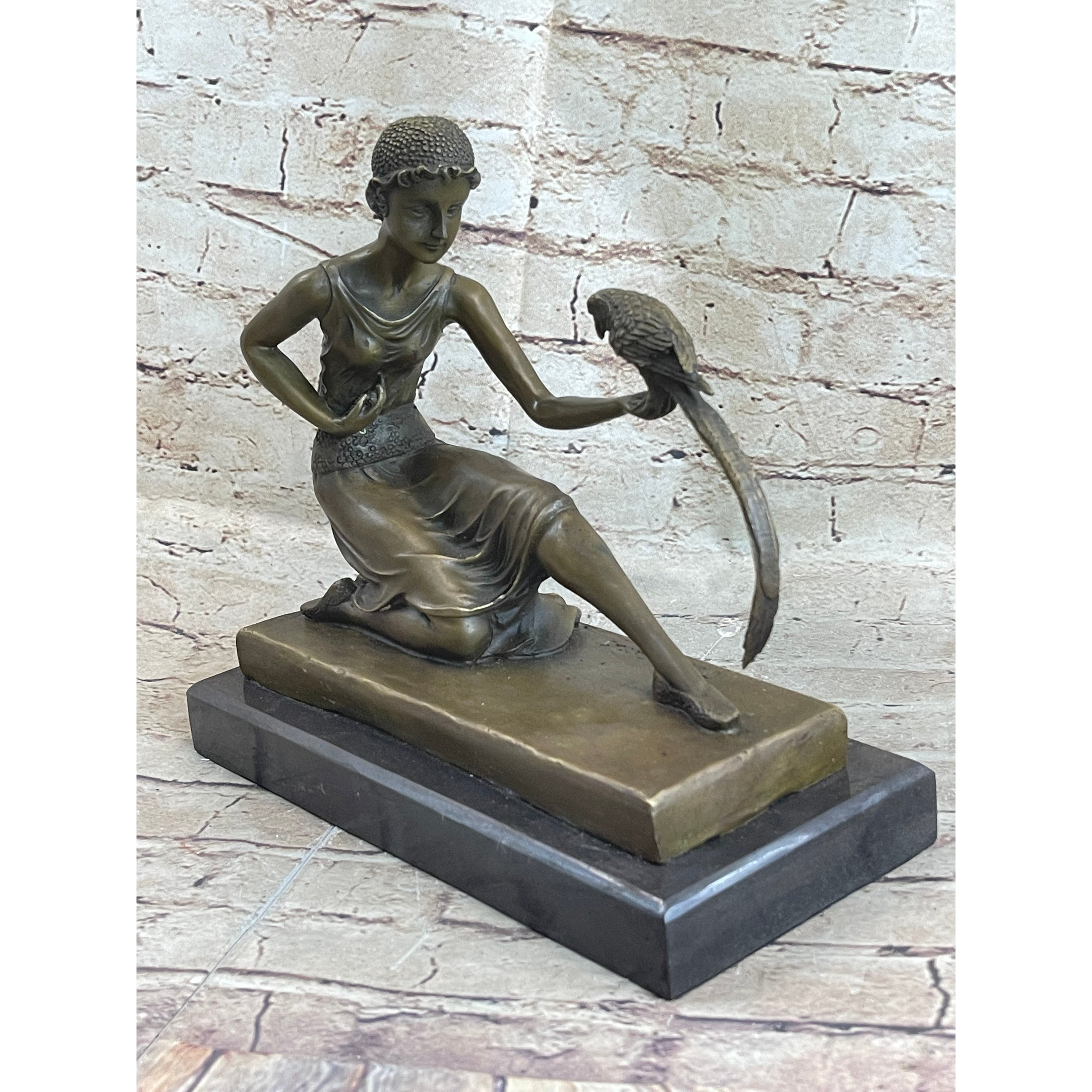 Signed Chiparus Girl With Parrot Bronze Statue Marble Base Sculpture Decor Gift