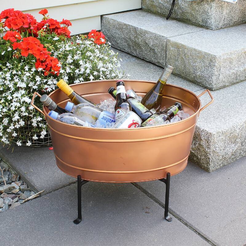 Achla Designs Vintage Farmhouse Oval Tub with Folding Stand, 24 Inch Wide, Copper Plated - 24"