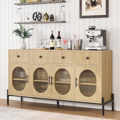 Wooden Buffet Cabinet with 3 Drawers and 4 Fluted Glass Doors