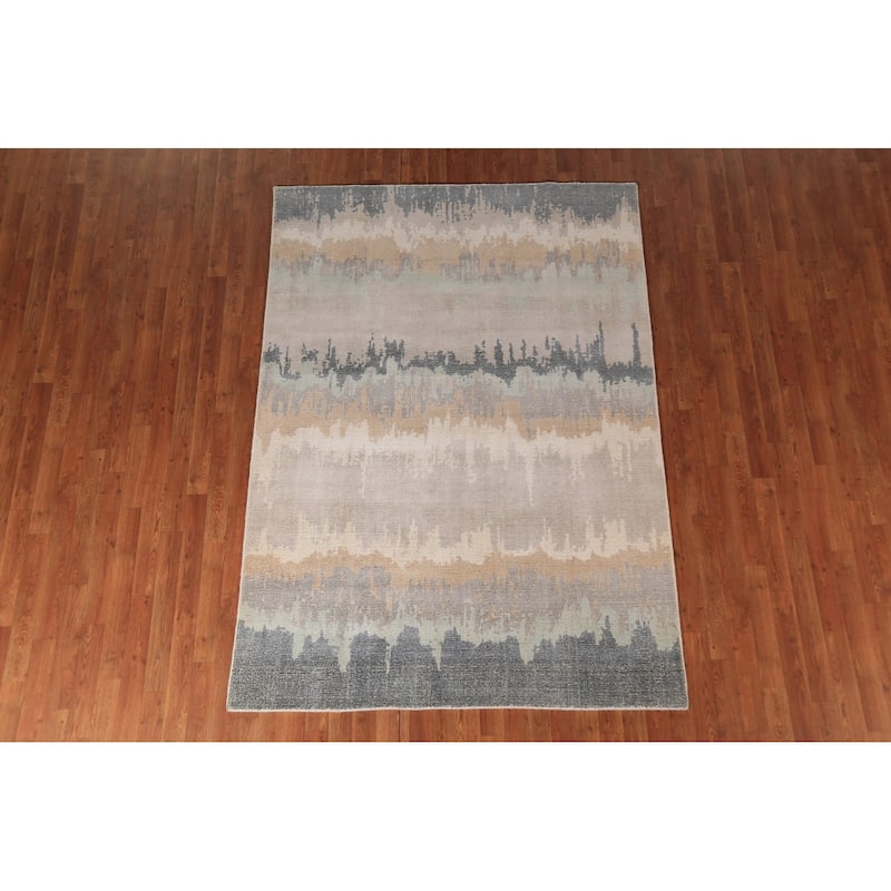 Abstract Modern Area Rug Hand-Knotted Beige Tribal Wool Carpet - 5'4"x 7'6"