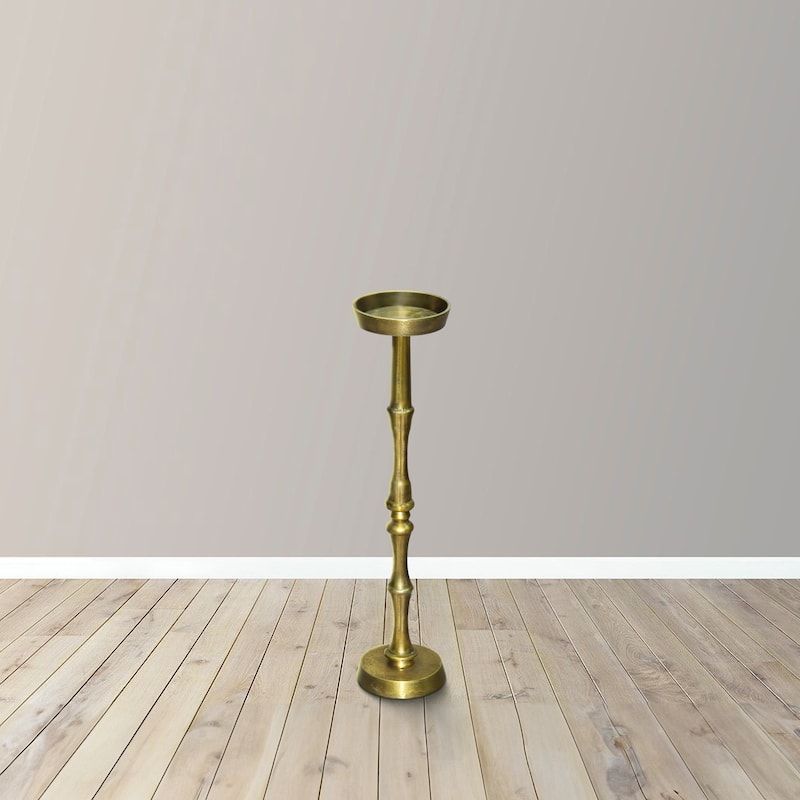 26 Inch Side End Drink Table, Turned Pedestal Metal Base, Round Top, Oxidized Brass