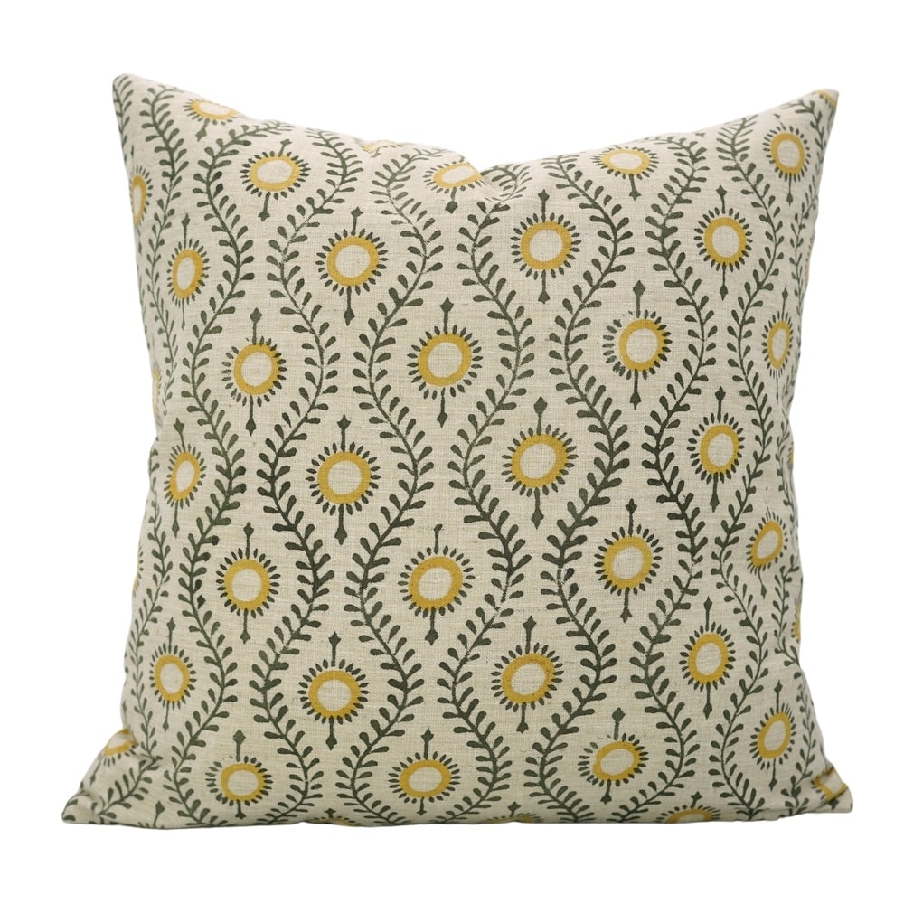 Fabdivine Handmade Floral or Weave Yellow Pillow Cover in Soft Linen for Block Print Room Boho Spring Home Décor, Lehar