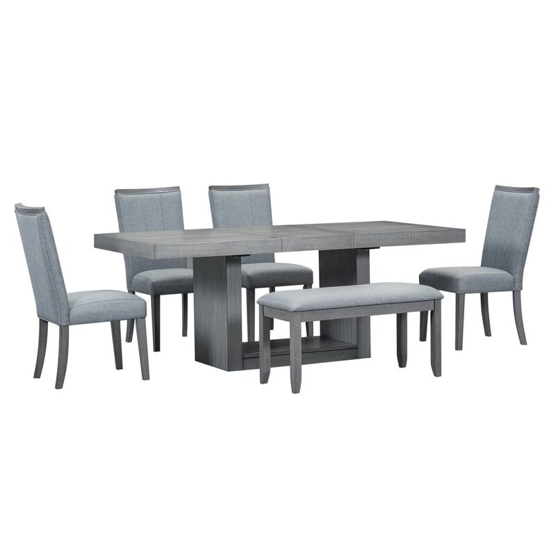 Contemporary Style 6-piece Extendable Pedestal Dining Table Set with Removable Leaf, 1 Bench and 4 Upholstered Chairs