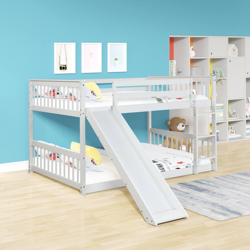 White Full Over Full Bunk Bed with Slide and Ladder, Sturdy Pinewood Frame