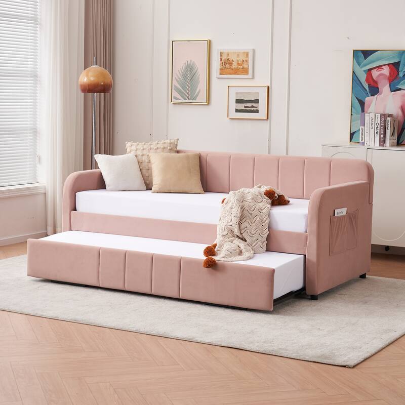 Twin Size Velvet Upholstered Daybed, Wood Sofa Bed Frame Daybed Couch with Trundle Bed and Wood Slat