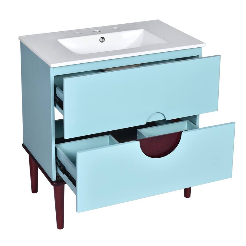 30'' Bathroom Vanity Cabinet with Ceramic Sink Combo Set, Solid Wood Frame Modern Bathroom Storage Cabinet with 2 Drawers, Blue