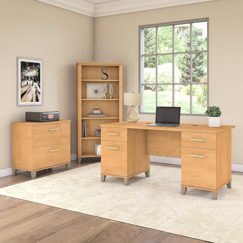 Somerset 60W Office Desk with Cabinet and 5 Shelf Bookcase - Maple Cross