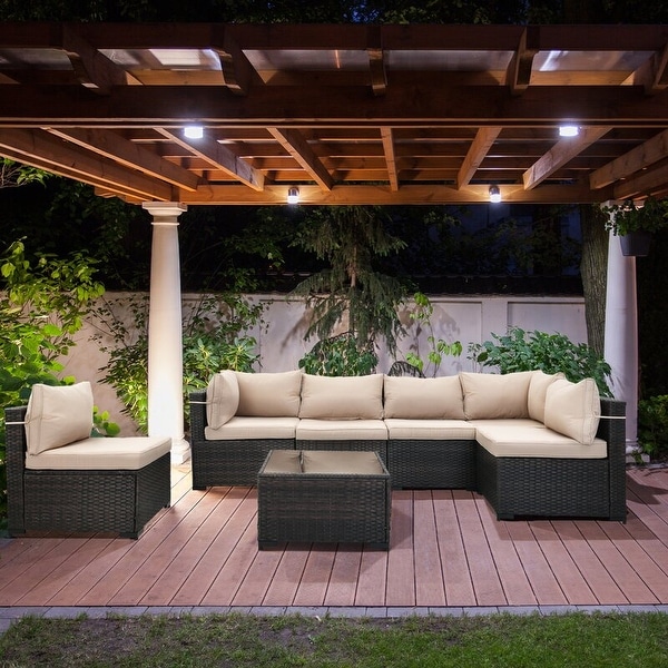 Cushioned 7 Piece Patio Wicker Conversation Sectional Group Furniture. Opens flyout.
