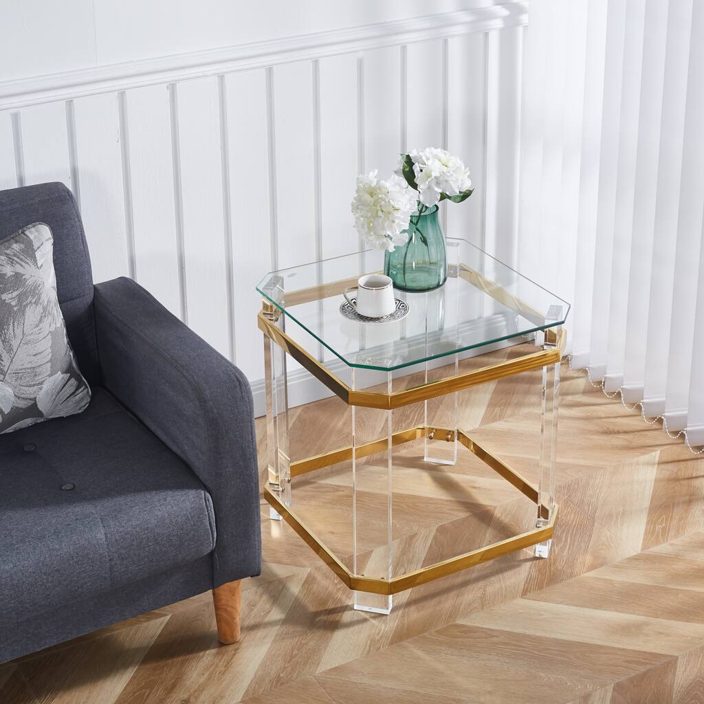 Gold Stainless Steel With Acrylic Frame Clear Glass Top End Table