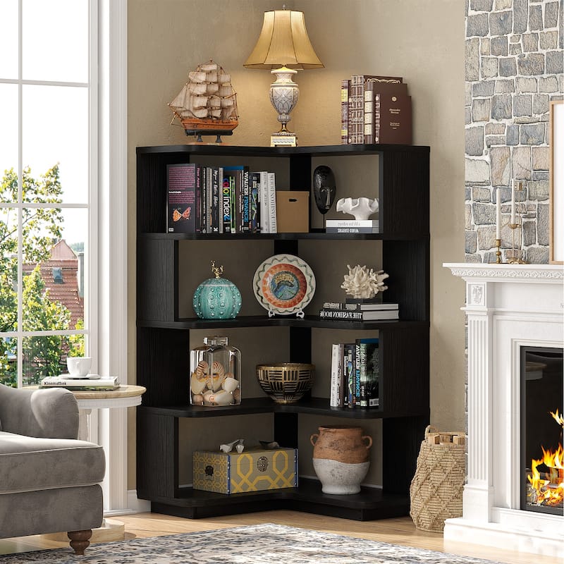 5-Tier Corner Space Shelving Bookshelves, Freestanding Display Storage Shelving - Black - 4-Tier