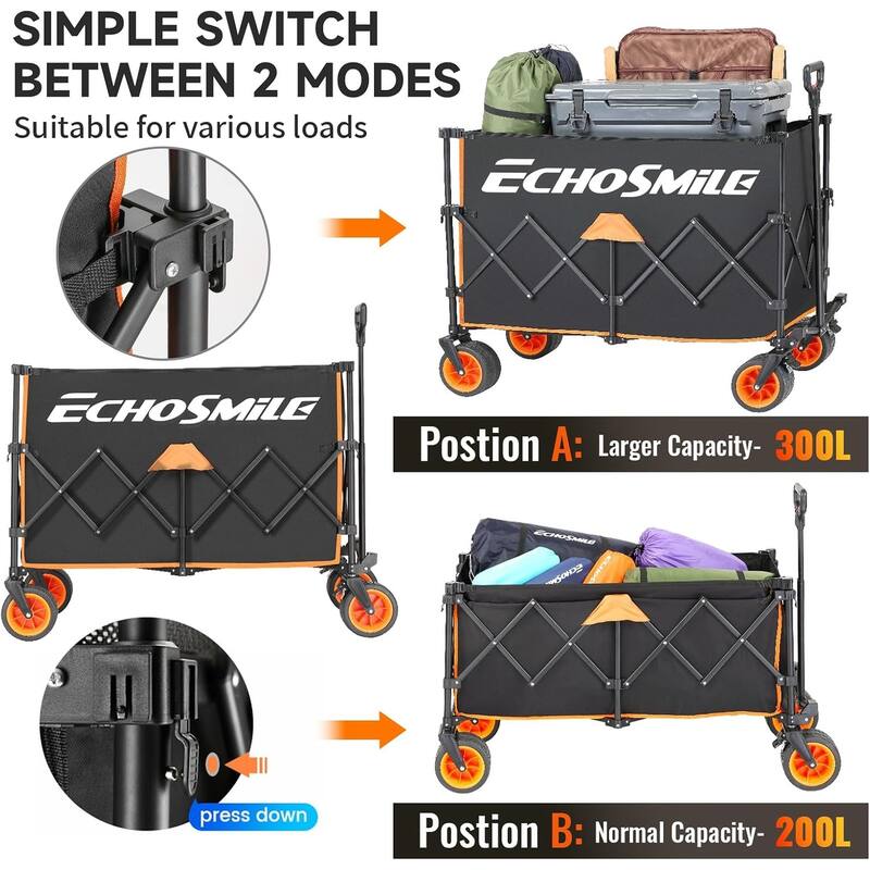 Heavy-Duty Telescoping Folding Wagon - Black & Orange Color-Block Design, Extended Height Cart