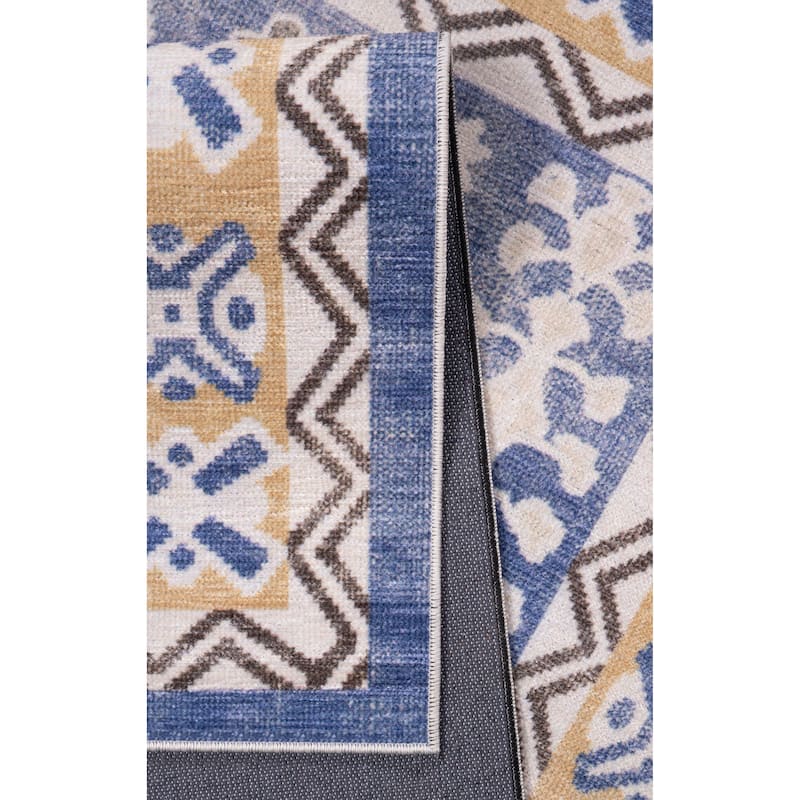 Machine Washable Collection Brown/Yellow/Blue Medallion Area Rug