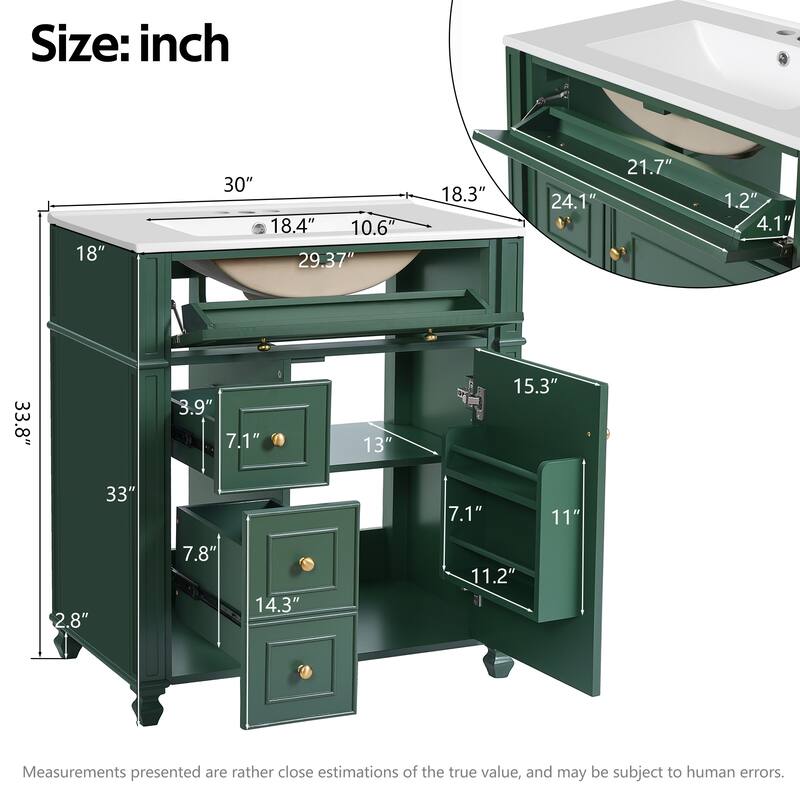 Roomfitters 30 Inch Bathroom Vanity with Ceramic Sink Basin, Soft Close Storage Cabinet & Door Organizer
