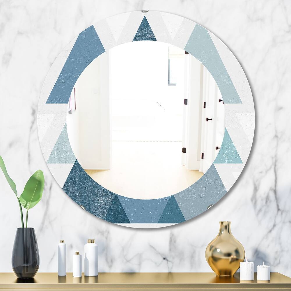 Designart 'Minimal Triangles IV Blue' Printed Mid-Century Oval or Round Wall Mirror - Blue