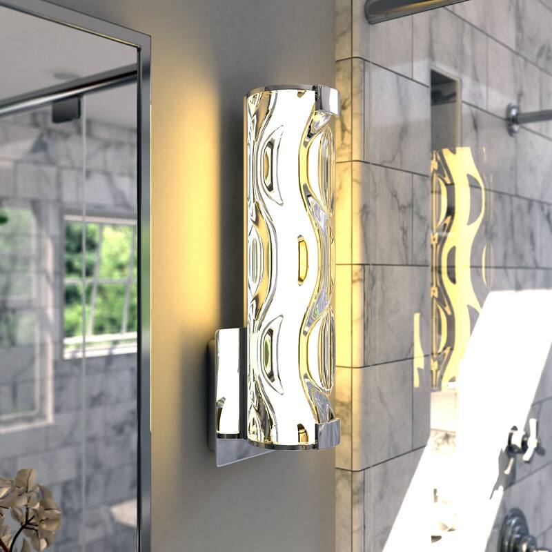 Marseille 1-Light Bathroom Vanity Lighting Fixture, Clear Wave Glass Shade, Dimmable, Integrated LED, Wall Mounted Sconce - 4.75-in W x 13-in H x 3.5-in D - Chrome