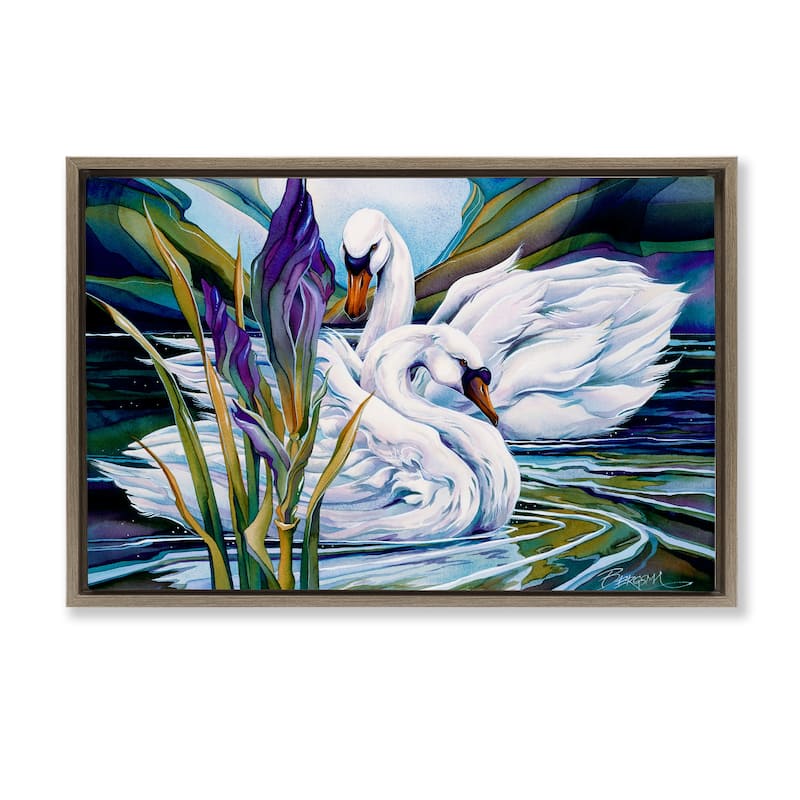 Stupell Swans with Abstract Pond Ripples Framed Floater Canvas Wall Art Design By Jody Bergsma - 31 x 21 - Brown