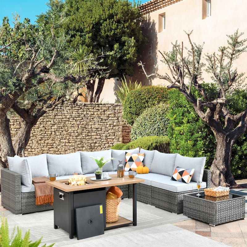 HOOOWOOO 8-piece Wicker Outdoor Patio Furniture Sofa Set Fire Pit Set - Grey