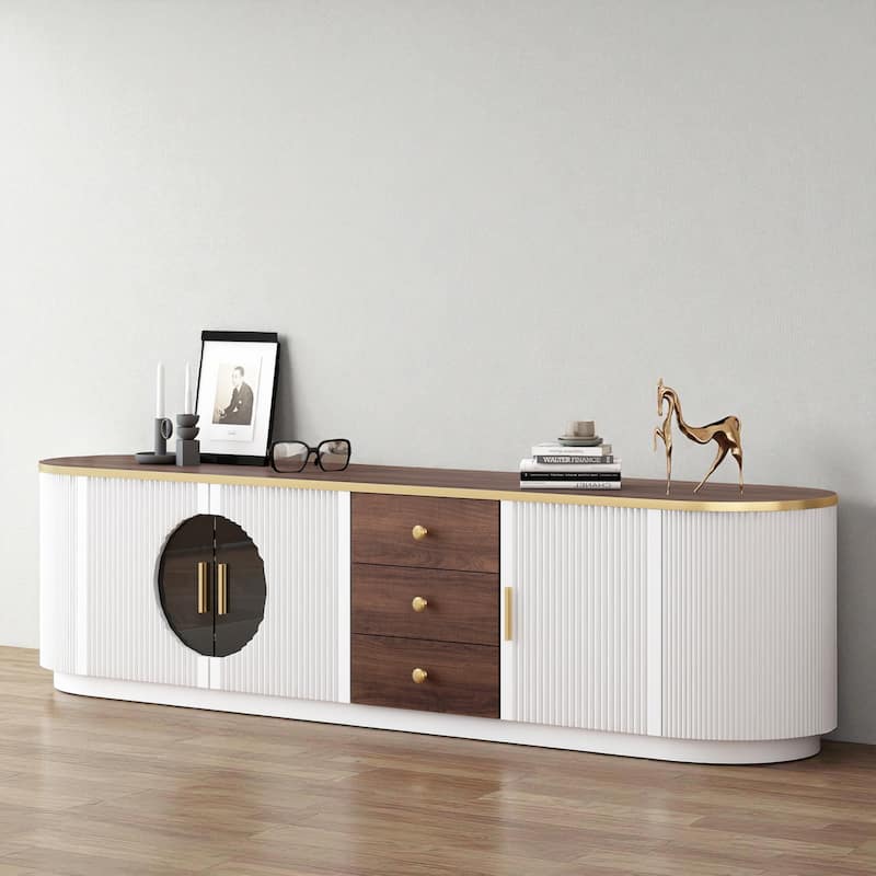 70.8'' Modern TV Stand for TVs up to 80'', Entertainment Center with 3 Drawers, 2 Cabinets & Glass Doors for Living Room