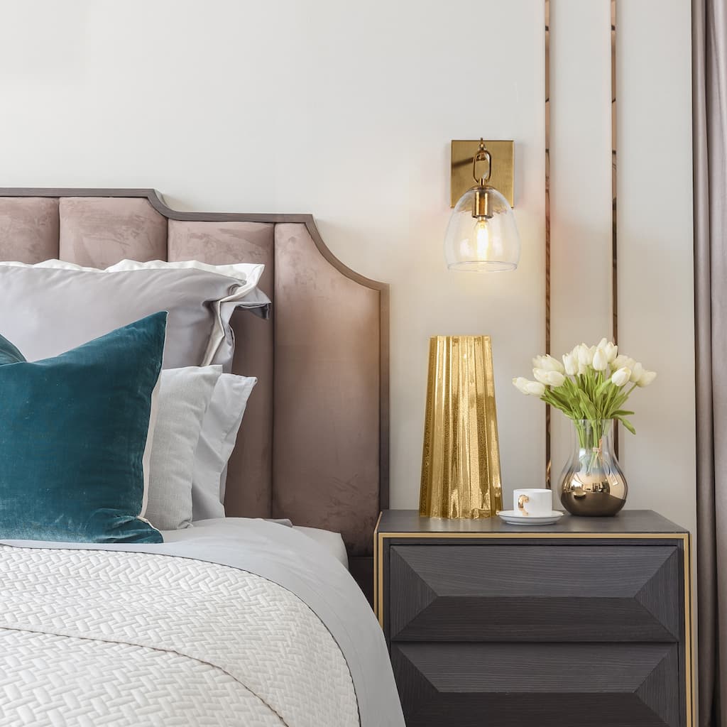 Bele Modern Gold 1-Light Wall Sconces Glass Vanity Light for Powder Room Bedroom - 5.1" W x 6.7" D x 9.4" H