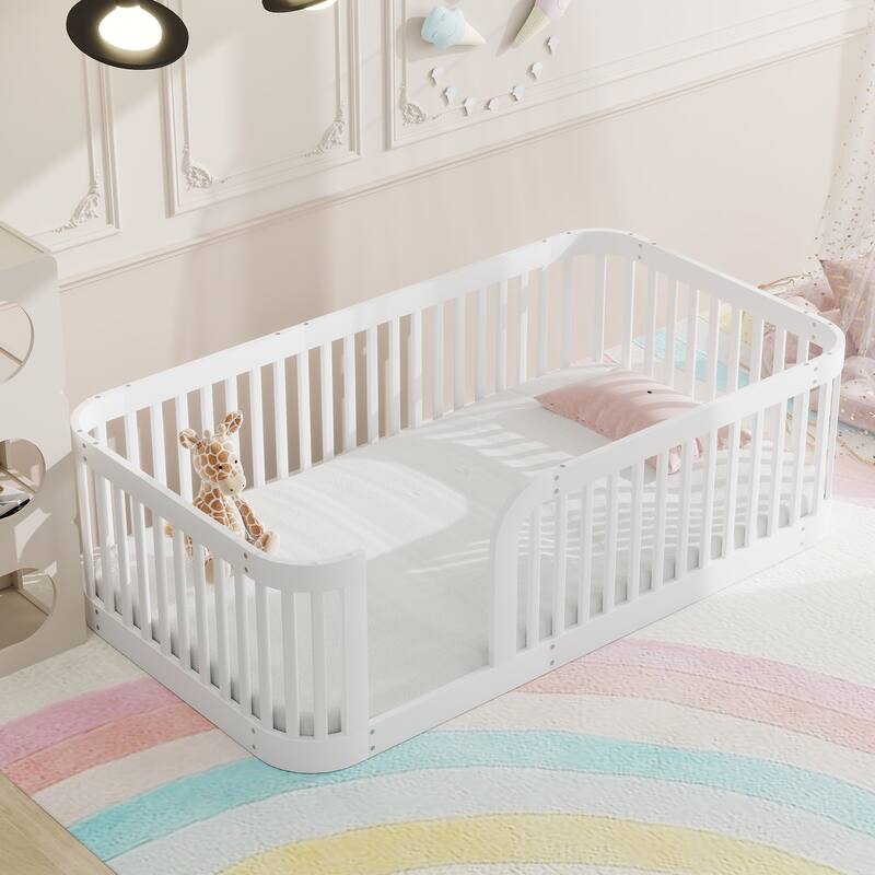 Enchanting Wood Twin Size Floor Bed Frame with Protective Fence by Harper & Bright Designs