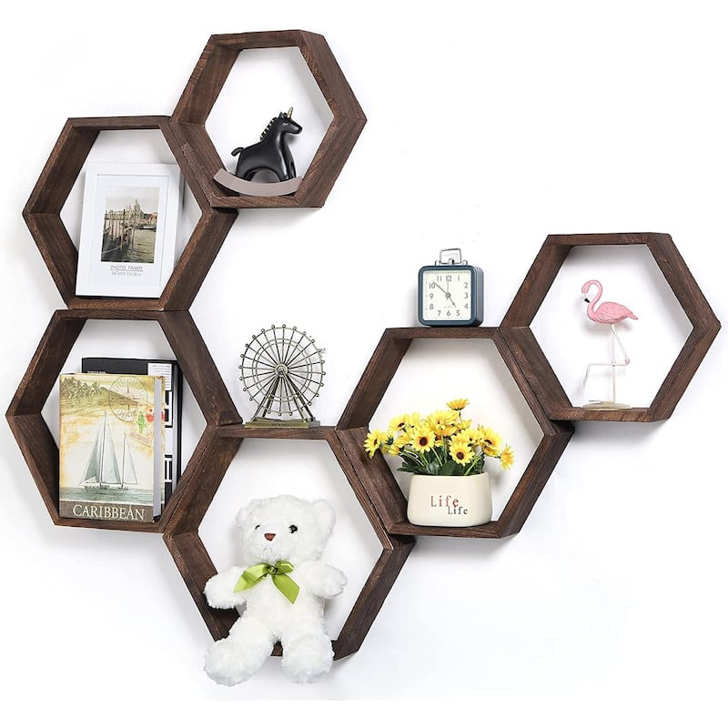 Set of 6 Wooden Hexagon Rustic Floating Shelves in Deep Natural Wood - Brown