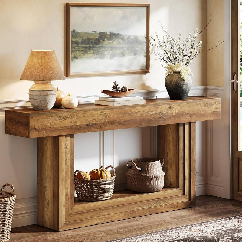 63" Console Table, 2-Tier Long Entryway Table with U-Shaped Base for Living Room Hallway Entrance - Brown