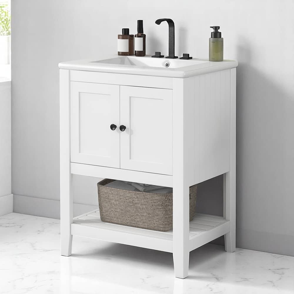 24" Bathroom Vanity with Ceramic Sink, Solid Wood Frame & Open Shelf, Freestanding Modern Cabinet