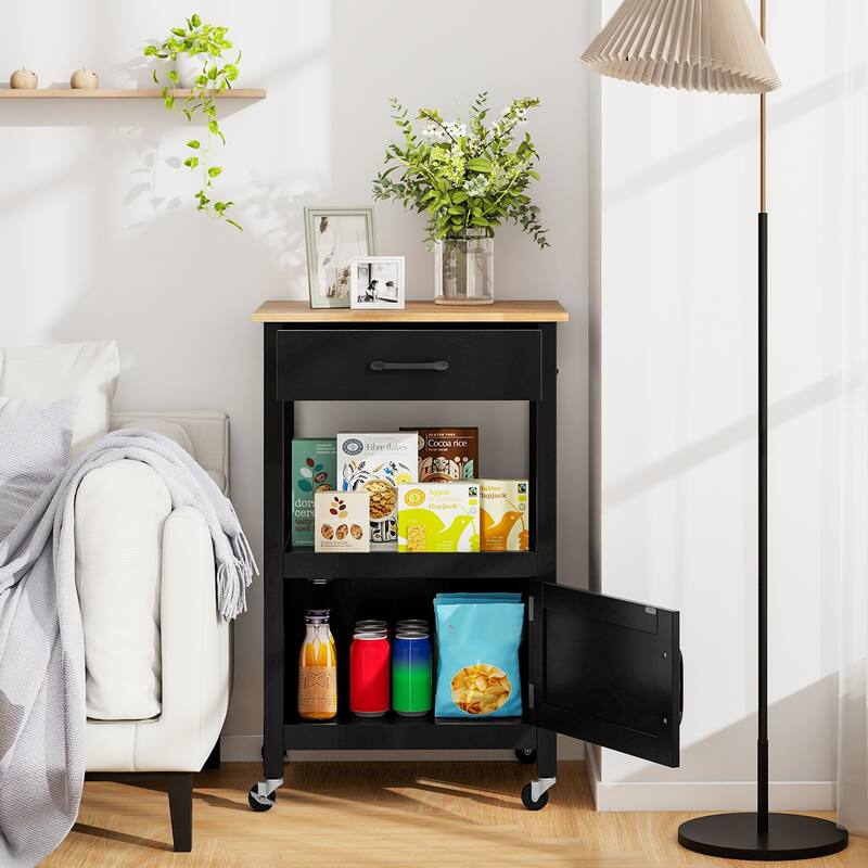 Mobile Rolling Kitchen Cart with Drawer and Cabinet Hooks for Dining Room or Living Room - 22" x 18" x 36" (L x W x H)