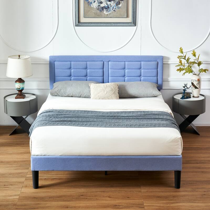VECELO Bed Frame with Adjustable Headboard Upholstered Button Tufted Platform Bedframe with Wood Slats Support