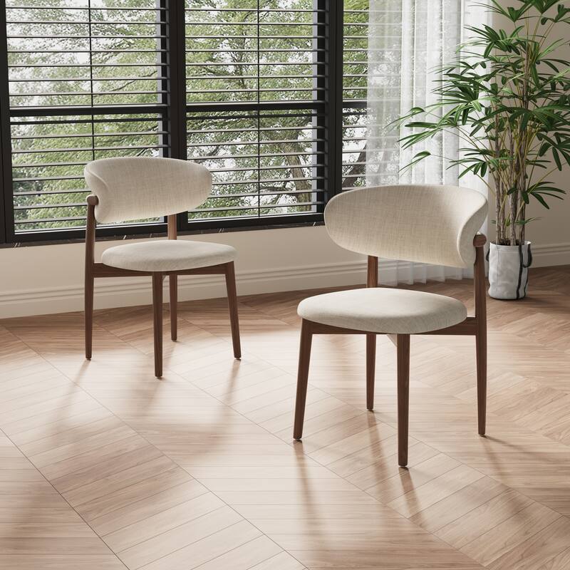 Mid-Century Dining Chair, Solid Wood Legs, Kitchen Chairs with Beige Cotton & Linen Fabric, Fully Assembled