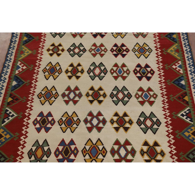 Hand Woven Oriental 100% Wool Carpet Southwestern Geometric Beige & Ivories Kilim Area Rug - 7' 11'' X 5' 0''