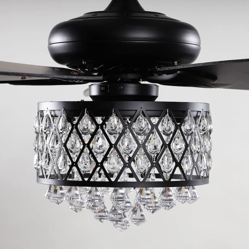 52" Indoor Black Crystal Chandelier Ceiling Fan With Light and Remote - 52"W x 52"D x 17"H