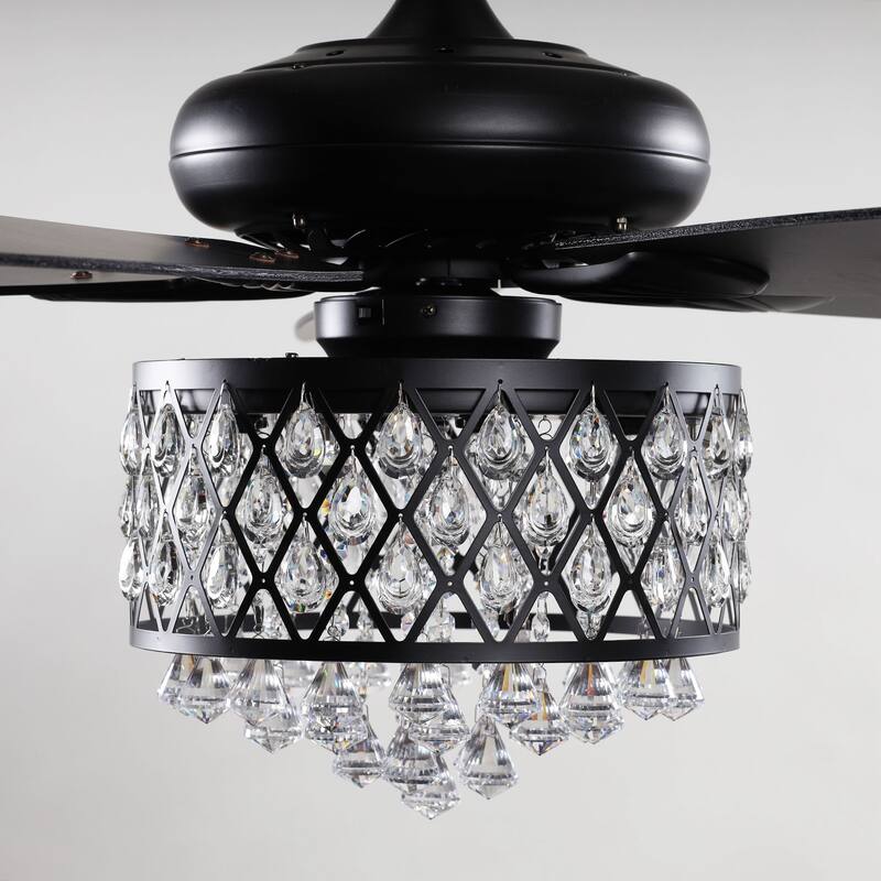 52" Modern Matte Black 5-Blade Crystal Ceiling Fan with Remote