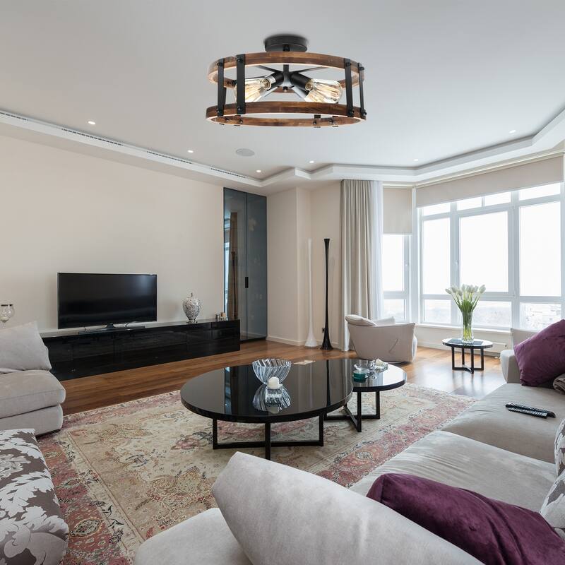 Anmytek Farmhouse 4-Light Wood Drum Semi-Flush Mount Ceiling Light for Entryway - Brown