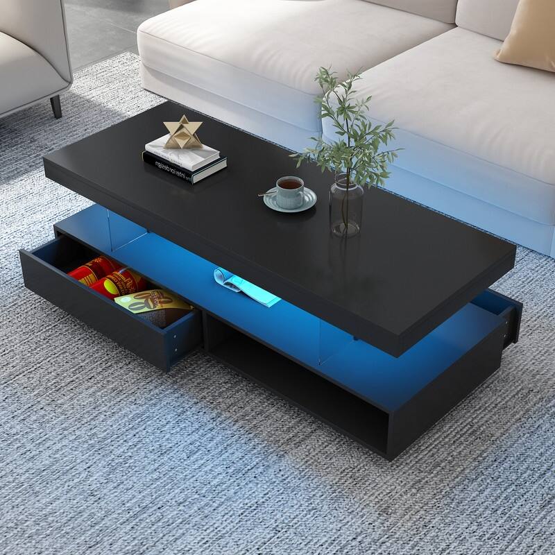 Modern Coffee Table with 2 Drawers and Display Shelves and LED Lights