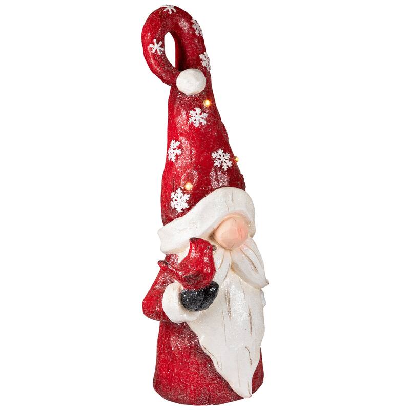 Gnome in Lighted Hat Holding Cardinal Christmas Decoration - 20" - LED Warm White Lights