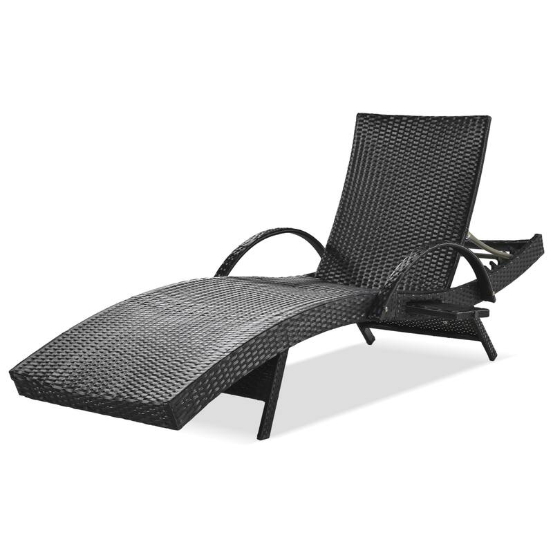 2-piece Outdoor Wicker Chaise Lounge Chairs Set with Pull-out Side Table, Patio Pool Adjustable Reclining Sun Lounger