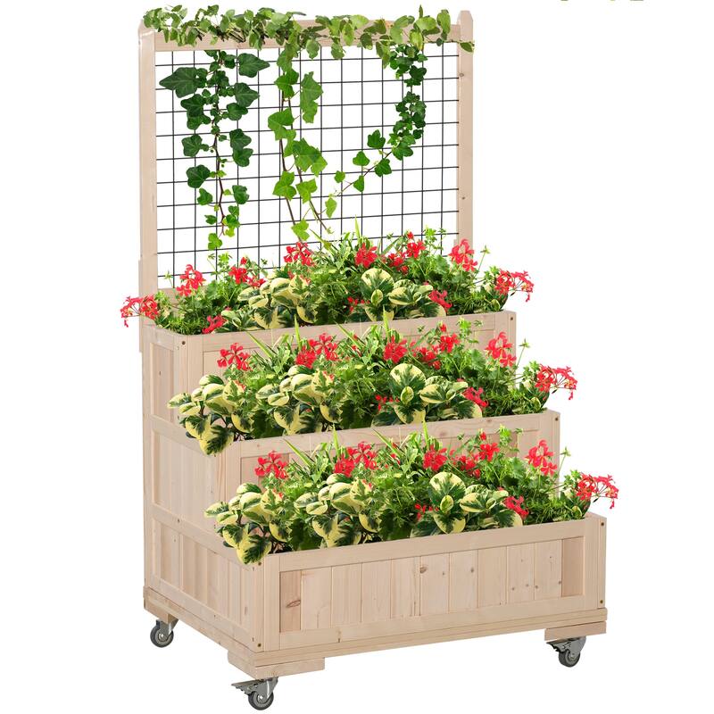 Wood Planter Trellis Movable Wheels, Storage Space, 2 Drainage Holes
