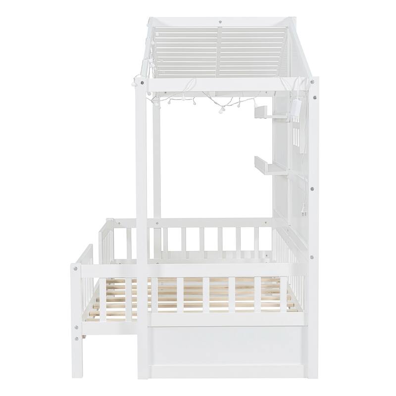 Twin Size House Bed with Shelves, Window and Light Strip