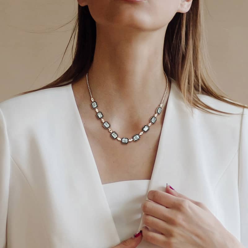 Miadora 12 1/2ct TGW Aquamarine Black Sapphire 1 1/8ct TDW Diamond Station Necklace 14k White Gold